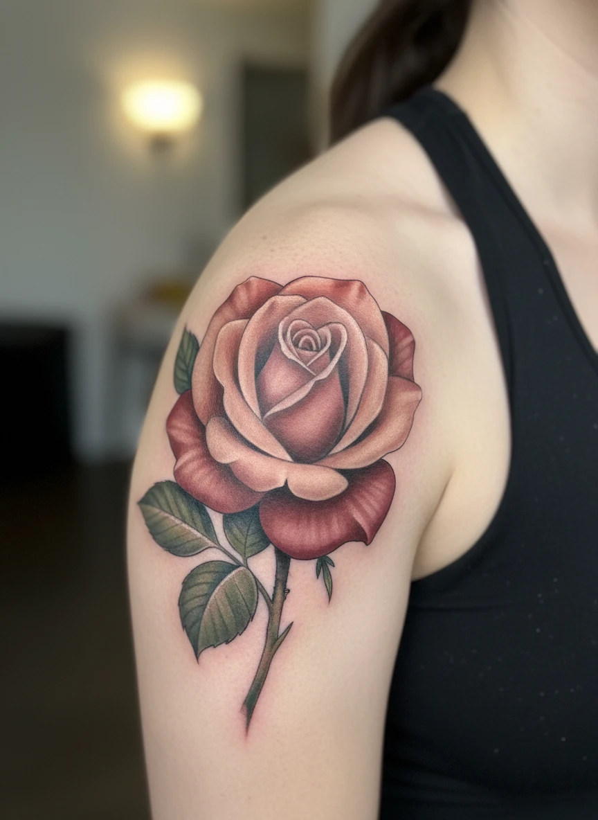 June Rose Shoulder Tattoo